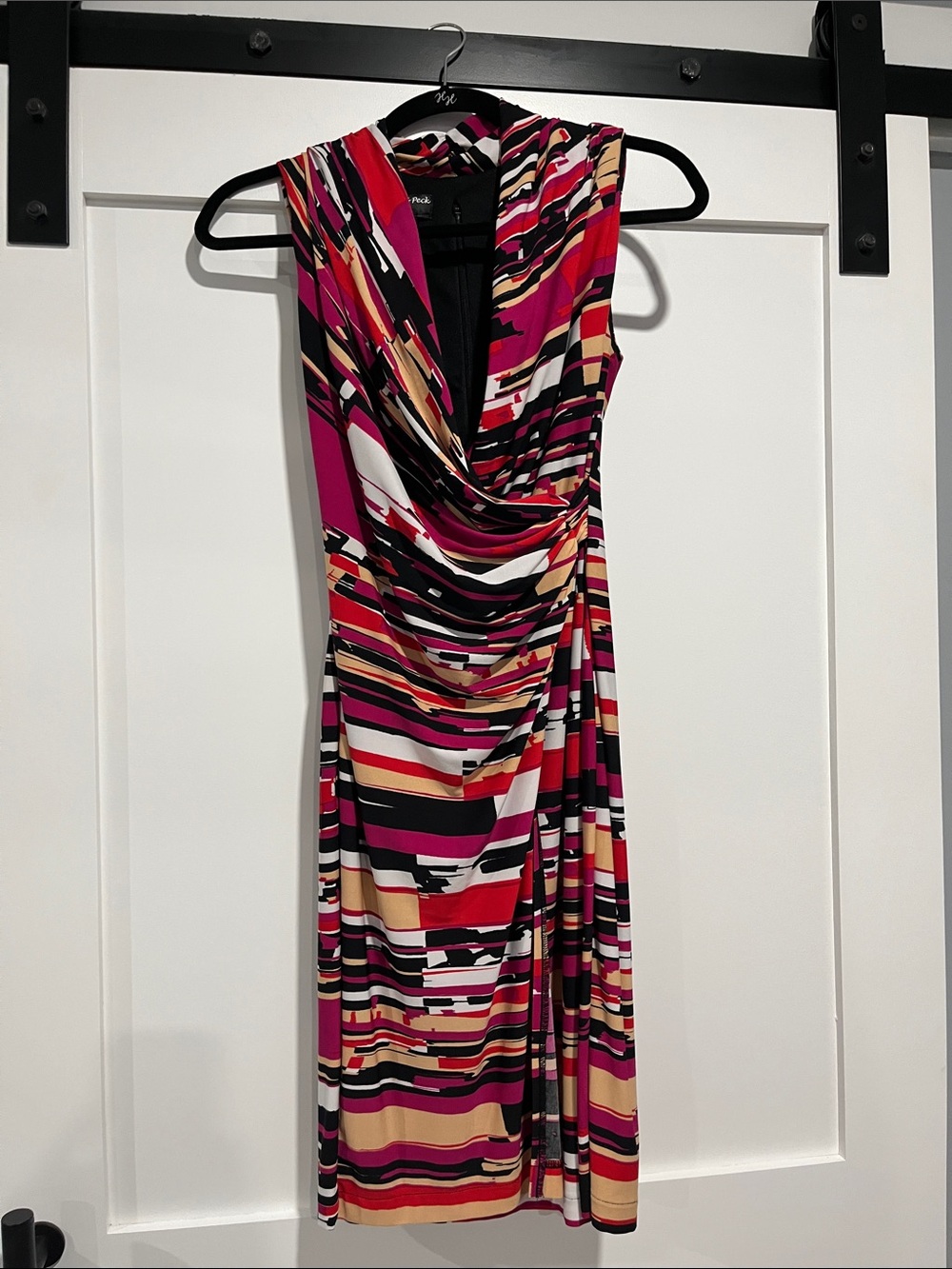 Peck & Peck Fitted Sleeveless Striped Midi Dress in Pink, Red & Black